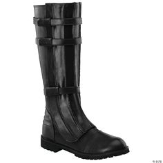 Get ready to take on the galaxy with these imposing adult boots! Boots are made from a shiny black faux-leather and have a ribbed front panel with three horizontal straps. These sturdy knee-high boots have a thick rubber sole with lug tread and a full-length zipper on the inner leg. Also great for adult superhero boots! Black polyurethane upper. Jedi Boots, Star Wars Outfit, Medieval Boots, Dragon Riders, Super Shock, Pleaser Shoes, Costume Shoes, Leather Books, Buckle Boots