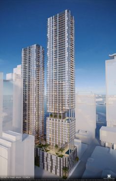 an artist's rendering of two high rise buildings in the middle of a city