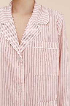 EDIE LONG SLEEVE SHIRT - STRAWBERRY STRIPE – THE POSSE US Pink And White Stripes, Cotton Sheets, Clover Leaf, Cotton Poplin, Body Measurements, Pink And White, Long Sleeve Shirt, White Stripe, Sleeve Shirt