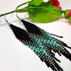 Bohemian Turquoise Beaded Earrings With Black Beads, Bohemian Black Tassel Earrings With Round Beads, Black Bohemian Tassel Earrings With Round Beads, Bohemian Tassel Earrings With Black Beads For Gift, Bohemian Black Beaded Tassel Earrings Gift, Seed Bead Fringe Earrings, Bead Fringe Earrings, Beaded Earrings Native, Bead Fringe