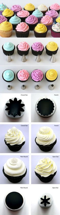 different types of cupcakes with frosting on top and bottom, all in different colors