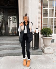 Puffer Vest Outfit Winter, Black Puffer Vest Outfit, Outfits Winter 2023, Puffy Vest Outfit, Leather Vest Outfit, Fall Vest Outfits, Black Vest Outfit, Similar Ideas, Black Puffy Vest