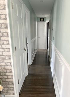 Benjamin Moore Palladian Blue HC-144: Paint Color Review - Kylie M Interiors Colors For Dark Hallways, Benjamin Moore Palladian Blue, Benjamin Moore Navajo White, Benjamin Moore Stonington Gray, Palladian Blue Benjamin Moore, Dark Hallways, Benjamin Moore Grey Owl, Light Grey Paint Colors