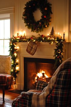 a living room filled with furniture and a fire place covered in christmas wreaths next to a fireplace