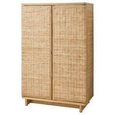 a wicker cabinet with doors and drawers