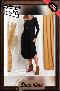 Black Cotton Blend Long Sleeve Casual Dress Black Midi Dress With Pockets For Spring, Chic Plain Black Dress, Chic Black Plain Dress, Black Solid Color Midi Dress For Work, Black Casual Midi Dress For Fall, Casual Black Midi Dress For Fall, Black Midi Dress With Pockets For Fall, Plain Fall Midi Dress, Black Shift Midi Dress For Fall