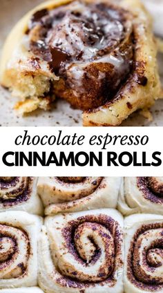 chocolate espresso cinnamon rolls on top of each other with text overlay that reads, chocolate espresso cinnamon rolls