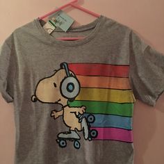 Grey Lovetribe Ss T-Shirt, Junior L, Nwt, Cropped With Snoopy Listening To Music Feeling Free/Good Wherever Wants To Go Under Rainbow - His/Her/Their Choice Playful Rainbow Graphic Print T-shirt, Cute Rainbow Print Crew Neck T-shirt, Cute Rainbow Print Short Sleeve T-shirt, Playful Rainbow Print Crew Neck T-shirt, Cute Crew Neck Top With Rainbow Print, Playful Rainbow Print Crew Neck Top, Playful Crew Neck Top With Rainbow Print, Fun Rainbow Print Short Sleeve Top, Cute Rainbow Crew Neck T-shirt