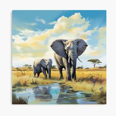 two elephants are standing in the grass near a body of water and some trees with clouds