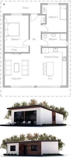 two plans for a small house with one bedroom and the other living room in it