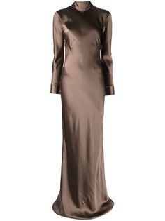 open-back long-sleeve gown dress from MICHELLE MASON featuring chocolate brown, silk, satin finish, high neck, long sleeves, open back and floor-length. Brown Evening Dresses, Uzun Boy, Long Sleeve Satin Dress, Outfits Juvenil, Long Gown Design, Michelle Mason, Sleeve Gown, Long Sleeve Gown, City Dress