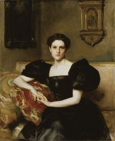 a painting of a woman in black dress sitting on a red and gold couch with her arms crossed