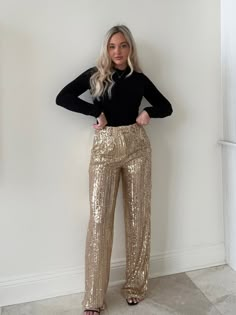 Casual Sparkle Outfit, Sparkle Outfit Ideas, Champagne Sequin Pants Outfit, Outfits With Sequin Pants, Cheap Forever 21 Party Bottoms, Vegas New Years Eve Outfit, New Years Eve Outfits Pants, Christmas Work Party Outfit Classy, Gold Sequin Pants Outfit