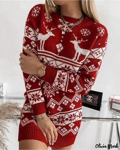 Olivia Mark - Elegant Christmas Fair Isle Pattern Knit Sweater Dress Motif Fair Isle, Christmas Sweater Dress, Xmas Dress, Sleeves Clothing, Sweater Dress Women, Straight Dress, Jacquard Knit, Knit Sweater Dress, Printed Sweater