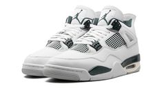 The Air Jordan 4 “Oxidized Green” is a colorway of Michael Jordan’s fourth signature shoe with green details.  A versatile look for the iconic silhouette, the upper features a white leather design with tonal netting on the mid-panel and tongue.  Contrasting Oxidized Green accents can be found on the molded eyelets, the lace “wings,” and on the heel tab, branded with a classic Jumpman logo.  An additional Jumpman can be found on the tongue tag.  Underfoot, an Oxidized Green mudguard, a vintage-in Jordan 4s Green And White, White Mid-top Air Jordan 4 For Sports, Jordan 4 Oxidized Green, White High-top Air Jordan 4 Sports Shoes, White High-top Air Jordan 4 Synthetic, Jordan 4 Retro Military Black, Mid Jordan 1, Green Jordans, Low Jordan 1