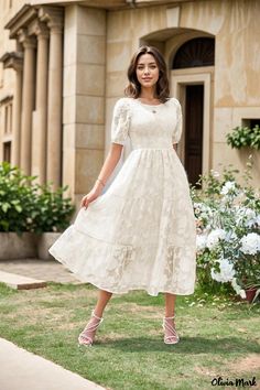 Olivia Mark - Layered Floral Empress Dress with Round Neckline and Puff Sleeves Empress Dress, Tea Length Dress, Flowy Design, Floral Skater Dress, Bubble Sleeve, Loose Fitting Dresses, Sleeves Clothing, Tea Length Dresses, Crewneck Dress