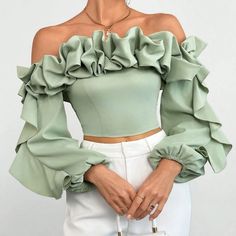 Super Cute And Stylish Ships In 5-10 Business Days Chic Green Off-shoulder Blouse, Chic Spring Party Blouse, Green Off-shoulder Party Top, Elegant Green Blouse For Spring, Green Ruffled Party Top, Chic Green Off-shoulder Top, Elegant Off-shoulder Blouse For Spring, Elegant Off-shoulder Spring Blouse, Feminine Spring Party Blouse