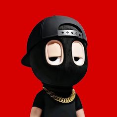 a cartoon character with big eyes wearing a black outfit and gold chain around his neck