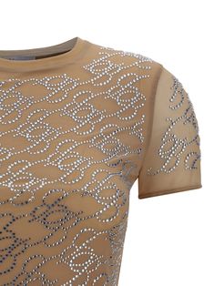 T-shirt by blumarine, ribbed crew neck, iconic brand monogram repeated all-over by means of applied glitter, sheer tulle stock sleeves, regular fit. Rosé Model, Brand Monogram, Pleats Please Issey Miyake, Luxury Shop, Yoga Wear, Online Bags, Playful Design, Luxury Boutique, Floral Motif