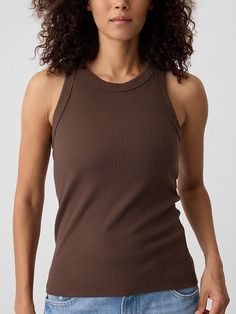 Ribbed High Neck Tank Ribbed Crew Neck Tank Top, Trendy Ribbed Brown Tank Top, Trendy Brown Ribbed Tank Top, Striped Ribbed Tank Top, Trendy Striped Ribbed Tank Top, High Neck Tank, New Woman, Ribbed Knit, High Neck