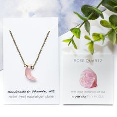 Introducing our enchanting Rose Quartz Moon Necklace, a celestial masterpiece that combines the captivating allure of the moon with the gentle, loving energy of Rose Quartz. Crafted with meticulous attention to detail, this exquisite necklace features a delicate rose quartz crescent moon pendant, suspended gracefully from a dainty chain. The moon's slender curves perfectly complement the soft, soothing hues of the Rose Quartz gemstone nestled at its center. Rose Quartz, known as the stone of unc Loving Energy, Crescent Moon Pendant, Love Energy, Rose Quartz Necklace, Dainty Chain, Rose Quartz Gemstone, Jewelry Card, Moon Pendant, Moon Necklace