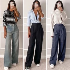 High Waist Trousers Outfit Casual, Wide Leg Pants Outfit Casual Office, Wide Leg Office Pants Outfit, Large Trousers Outfit, No Iron White Blouse, How To Style Wide Leg Trousers Work, Smart Casual Wide Leg Pants Outfit, Office Wide Leg Pants Outfit, H&m Business Casual Women