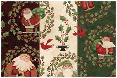 three different christmas themed wallpapers with santa and holly