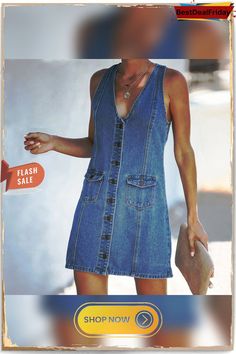 Summer Womens Ladies Sexy Sleeveless V-neck Button Pockets Denim Jean Mini Dress Trendy Sleeveless Denim Dress With Button Closure, Summer V-neck Denim Vest, V-neck Denim Dress With Button Closure, V-neck Denim Blue Dress With Button Closure, Denim Blue V-neck Dress With Button Closure, V-neck Denim Vest For Summer, Summer Denim Vest In Dark Wash With Button Closure, Summer Dark Wash Denim Vest With Button Closure, Summer V-neck Denim Dress With Buttons