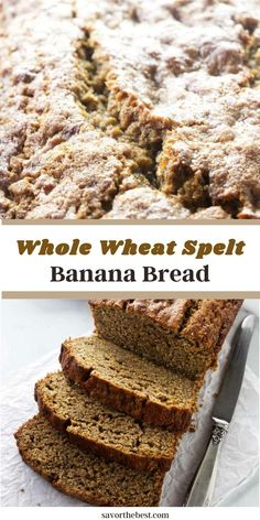 whole wheat speltt banana bread is cut into slices