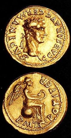 two ancient gold coins, one with an image of a man on the front and one with