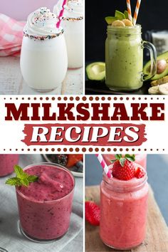 milkshake recipe collage with strawberries and kiwis