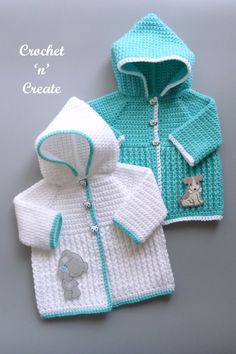 two crocheted sweaters are shown with an elephant on the front and bottom