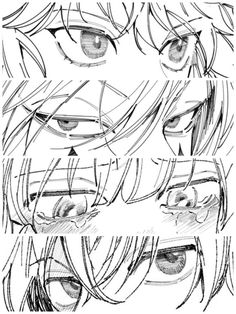 an anime character's face with different eyes and hair, drawn in black and white