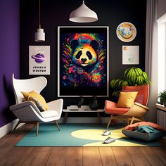 a living room filled with furniture and a panda bear painting on the wall above it