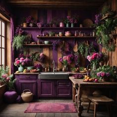 a kitchen with purple walls and lots of potted plants on the shelves above the sink