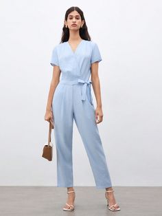 Bleu ciel Casual,Élégant Collar Manches courtes Tissu tissé Unicolore D’Autre Embellished Pas de l'extensibilité Elegant Jumpsuit, Jumpsuit Elegant, Color Shorts, Maternity Bag, Jumpsuits For Women, Summer Women, Women Clothing, Women Clothes Sale, Baby Blue