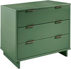 a green dresser with three drawers on one side and two brass pulls on the other