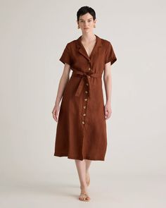 100% European Linen Button Front Dress Midi Linen Dress, Brown Midi Dress, Style Moodboard, Buy Shirts, Shirtwaist Dress, 2024 Style, Travel Dress, Sophisticated Dress, Wide Leg Linen Pants