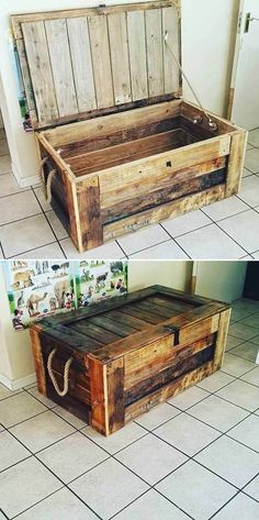 an old wooden box is turned into a bench with roped handles and storage compartment