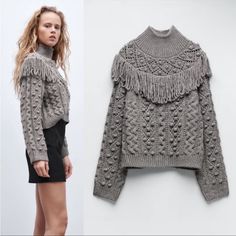 Zara Grey Fringed Knit Sweater Size Large Bloggers Favorite Brand New With Tags Sweater Is Popular Among Fashion Bloggers And Instagram Style Influencers High Collar Long Sleeve Sweater. Fringes And Pompom Detail. Rib Trim. Gray 3859/001 Outer Shell 90% Acrylic 6% Polyester 4% Polyamide Agii.012122.00 0129.0215 None 0329.0625.0714.0827 Chunky Turtleneck Fringe Zara Cable Knit Sweater For Fall, Zara Cable Knit Sweater For Winter, Zara Chunky Knit Winter Cardigan, Chic Zara Sweater For Winter, Zara Winter Cable Knit Tops, Zara Cable Knit Top For Winter, Zara Winter Knit Top, Chic Zara Chunky Knit Sweater, Zara Chic Chunky Knit Sweater