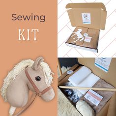 the sewing kit includes a stuffed horse, knitting needles and other items to make it easier for