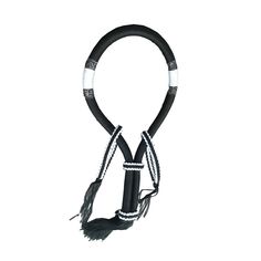 a black and white horse bridle with tassels