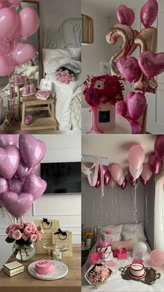 pink and gold balloons are in the air above a bed, table with cake, flowers, and other decorations