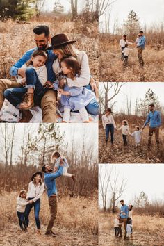 a collage of family photos in the woods