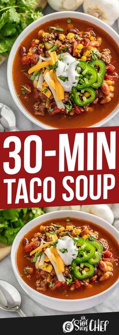 two white bowls filled with taco soup and topped with sour cream