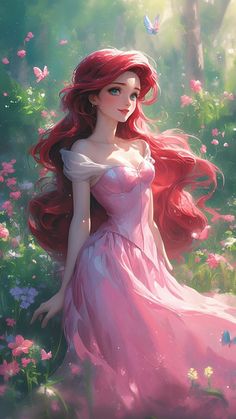 the little mermaid in pink dress is walking through flowers with butterflies on her head and long red hair