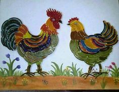 two colorful roosters standing next to each other on top of a wooden board with grass and flowers in the background