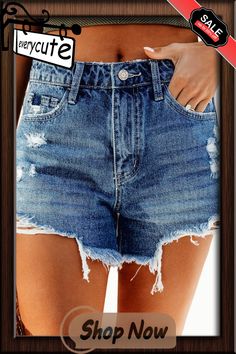 Sky Blue Distressed Raw Edge Jean Shorts Mid-rise Medium Wash Jean Shorts For Vacation, Blue Ripped Jean Shorts For Summer, Blue Ripped High Waist Shorts, Ripped High Rise Shorts For Beach, Casual Distressed Bottoms For Beach, High Rise Ripped Shorts For Beach, Distressed Blue Short Length Bottoms, Distressed Medium Wash Bottoms For Beach, Medium Wash Shorts With Frayed Hem For Vacation