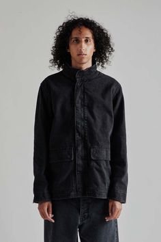 Sunflower fatigue jacket - black washed    this fatigue jacket is crafted from 100% cotton in distressed washed black denim offering a rugged and worn-in look. it features metal button closures and front pockets with button closures for added functionality. the stone-washed finish enhances the vintage-inspired style Cocoon Sweater, Intelligent Design, A Perfect Circle, Wide Pants, Crew Neck Top, Engineered Garments, Down Coat, Yellow And Brown, Stripe Sweater