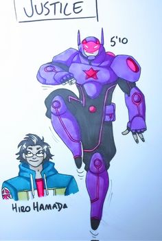 a drawing of a man in purple suit next to another person